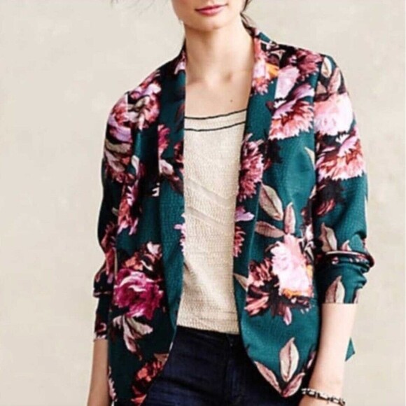 Anthropologie Jackets & Blazers - Anthropologie Cartonnier Womens 6 Rihan Green Floral Print Jacket Blazer